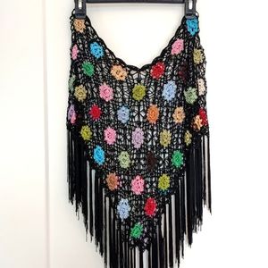 Vintage Black Knit Floral and Fringe Hippie PonchoOFFERS WELCOME